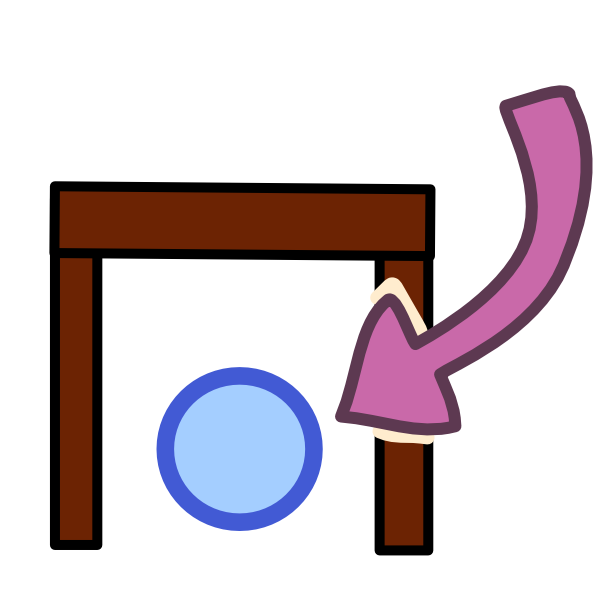 a blue circle sits under a table, a slightly curved pink arrow points at it from the side.